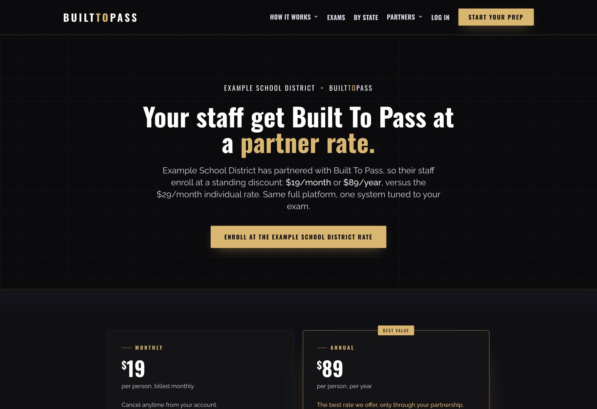 Co-branded enrollment page showing the partner name, partner rate, and monthly and annual options.