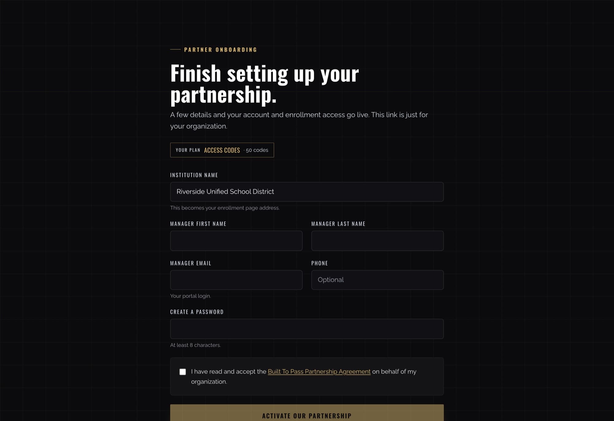 Partner onboarding form: institution name, manager details, and a one-click activate button.