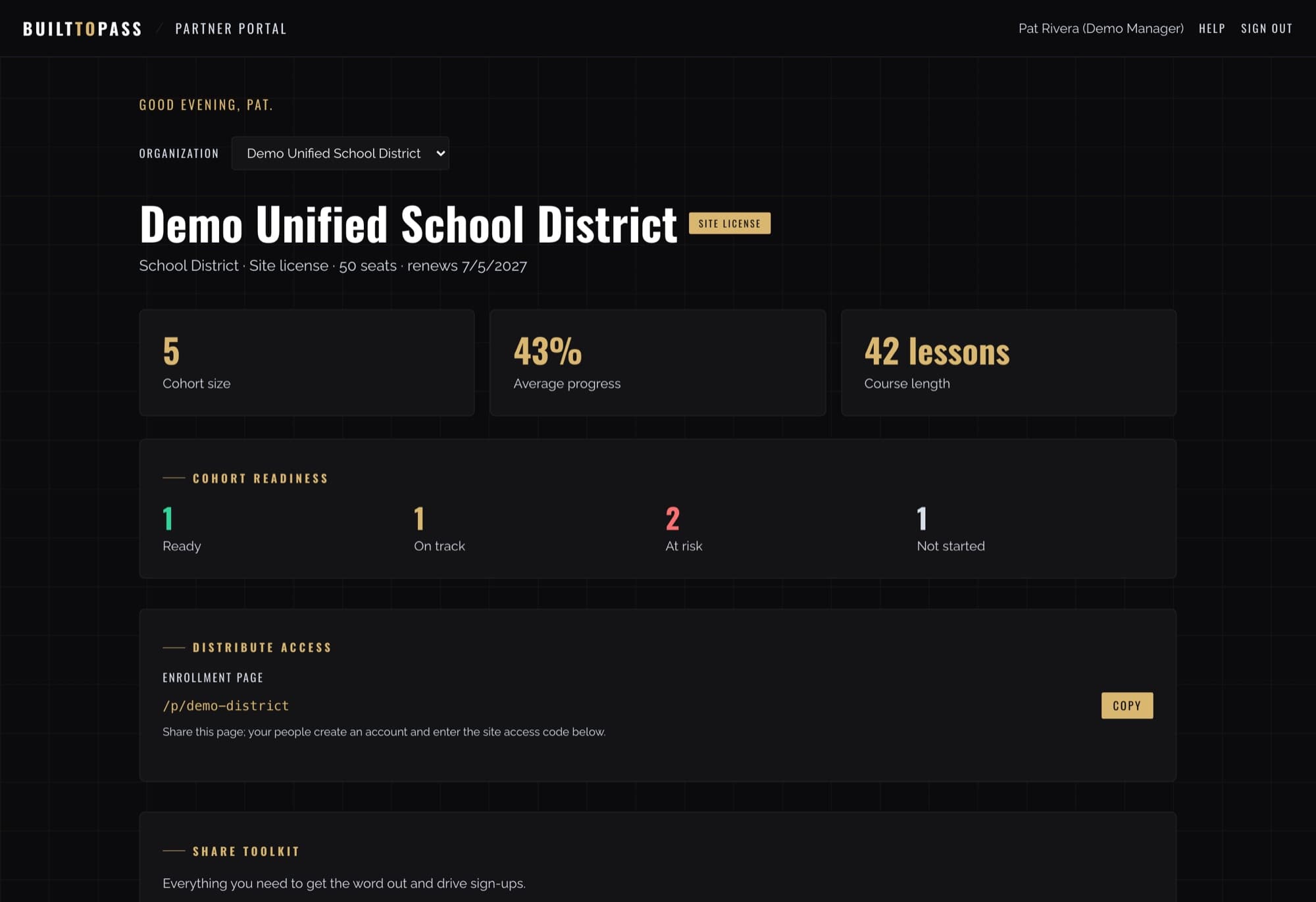 Partner portal dashboard: cohort size, average progress, readiness breakdown, and access tools.